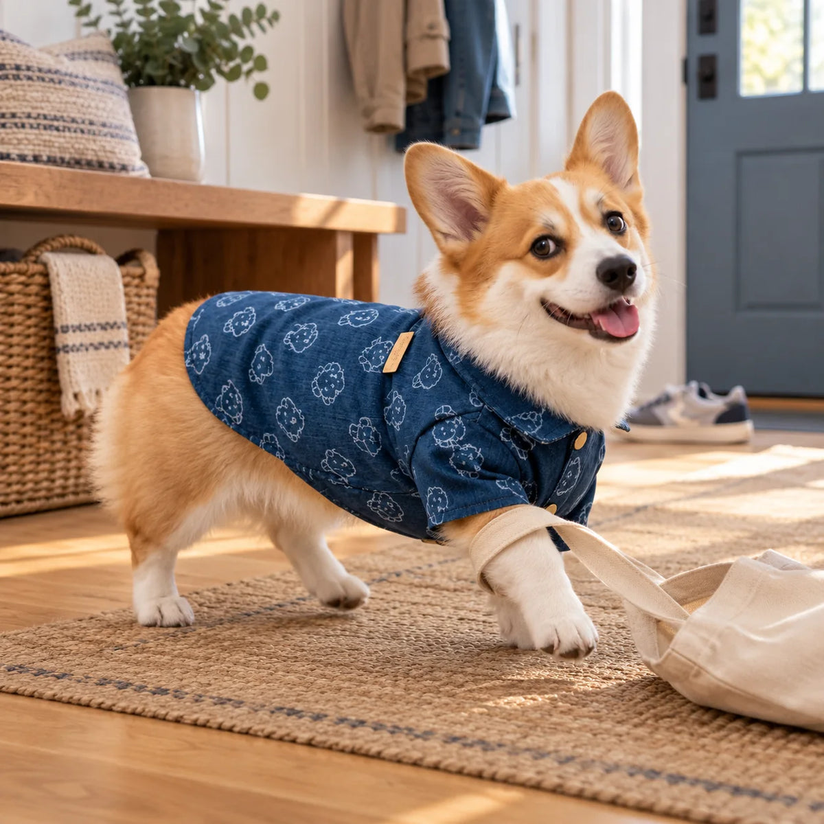 Corgi wearing a dark blue printed denim dog shirt in a modern American entryway