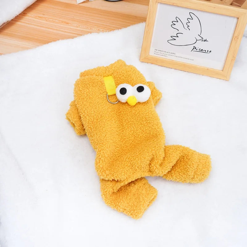 Yellow fleece dog onesie laid flat
