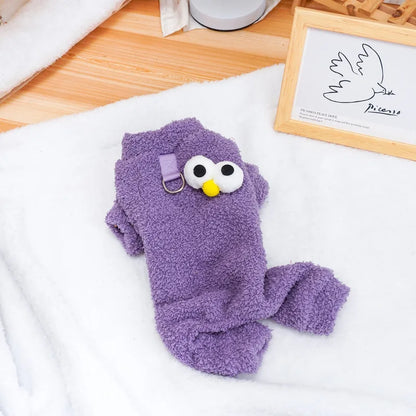 Purple fleece dog onesie laid flat