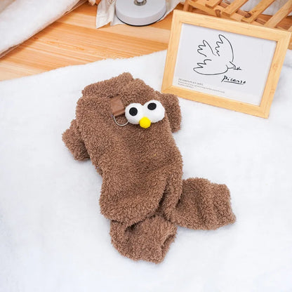 Brown fleece dog onesie laid flat