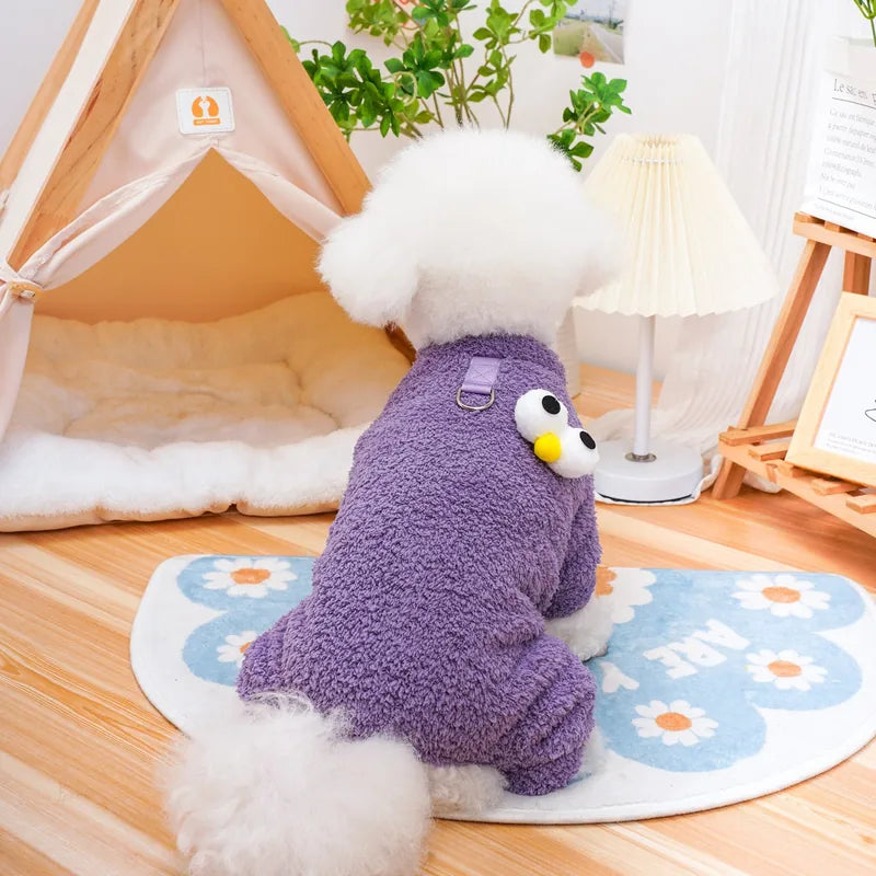 Purple fleece dog onesie back view