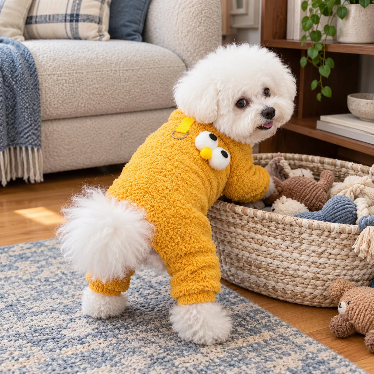 White Bichon wearing a mustard yellow teddy fleece dog onesie beside a toy basket