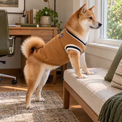 Shiba Inu wearing a camel preppy V-neck dog sweater in a modern American home office