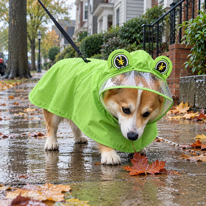 Corgi wearing a green frog raincoat with clear visor on a rainy neighborhood walk