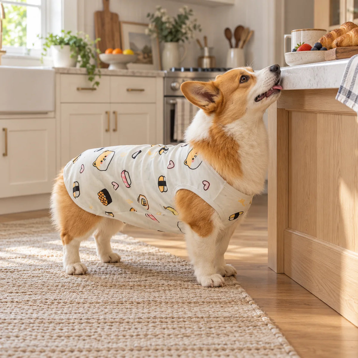 Corgi wearing an off-white cartoon food print dog vest in a modern kitchen