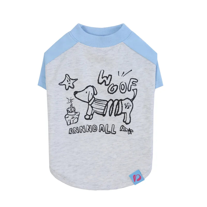 Dog T-shirt in gray with blue sleeves