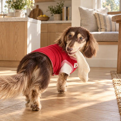 Retro Red Colorblock Pet T-Shirt on a dachshund in a modern American kitchen