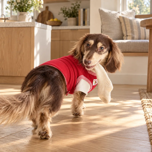 Retro Red Colorblock Pet T-Shirt on a dachshund in a modern American kitchen