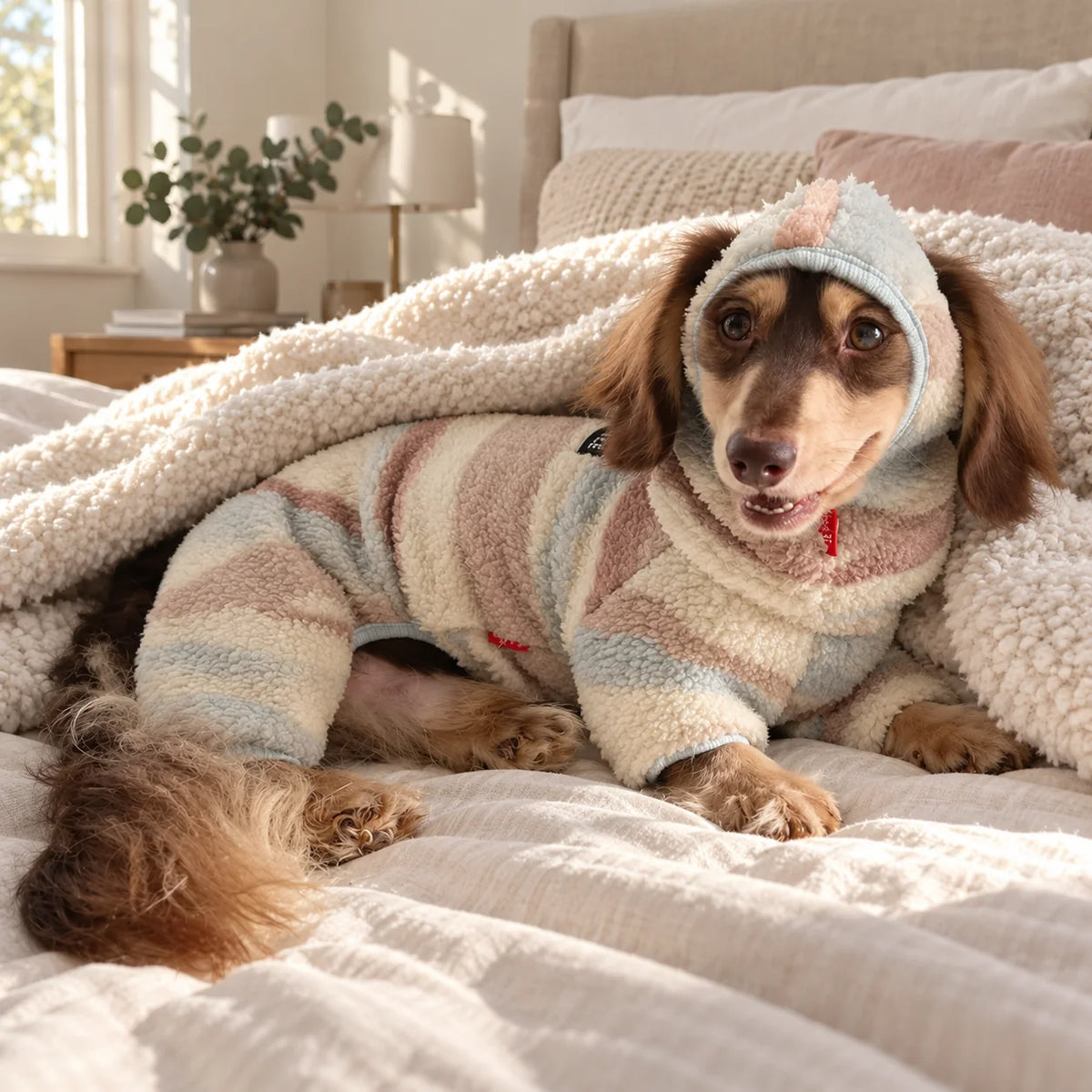 Sunset Pet Onesie & Hat on a dachshund in a cozy modern American bedroom