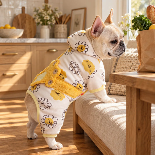 Yellow paw patch hooded onesie on a French bulldog in a modern American kitchen