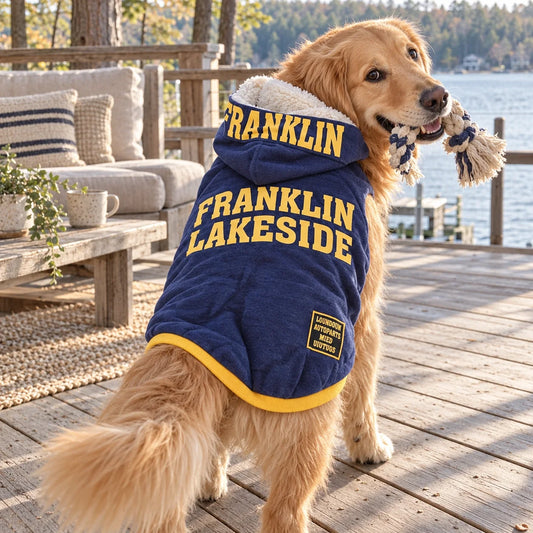 Navy Franklin Lakeside hooded sweatshirt on a golden retriever at an American lake house