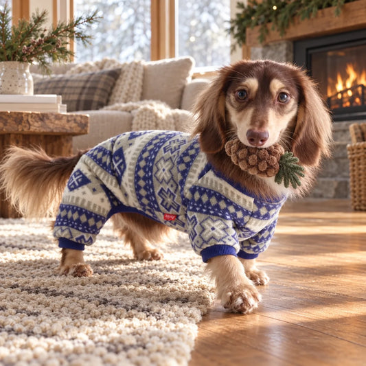 Fair Isle pet onesie on a dachshund in a cozy modern American living room