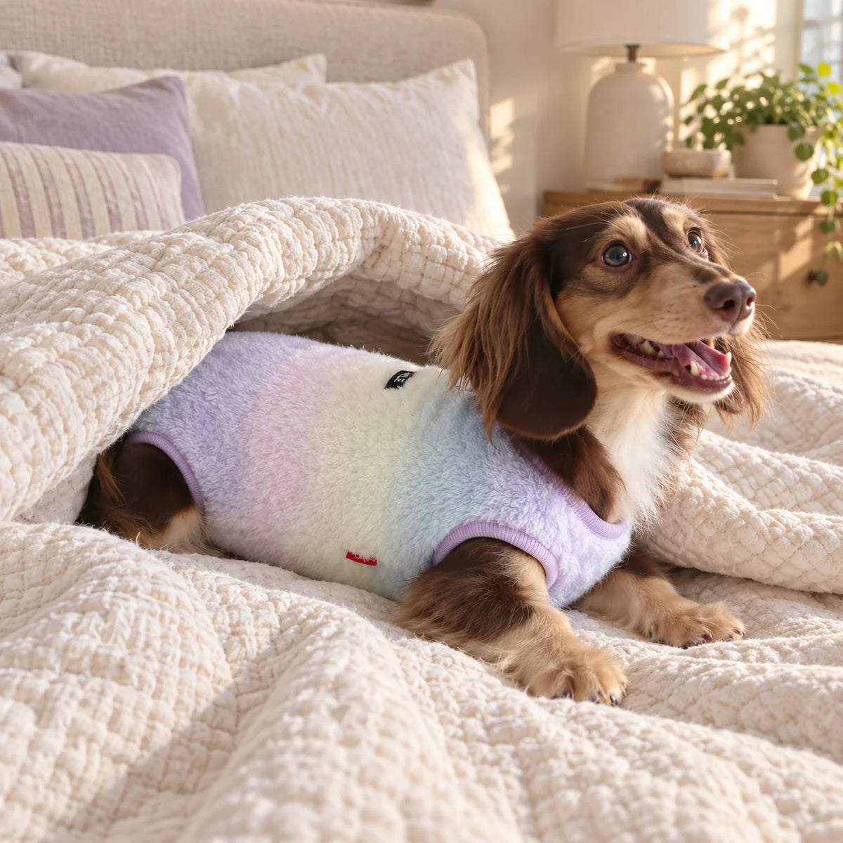 Pastel plush pet bodysuit on a dachshund in a cozy modern American bedroom