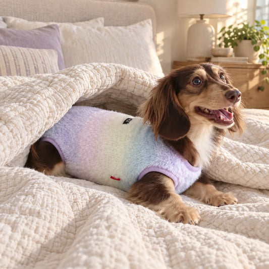 Pastel plush pet bodysuit on a dachshund in a cozy modern American bedroom