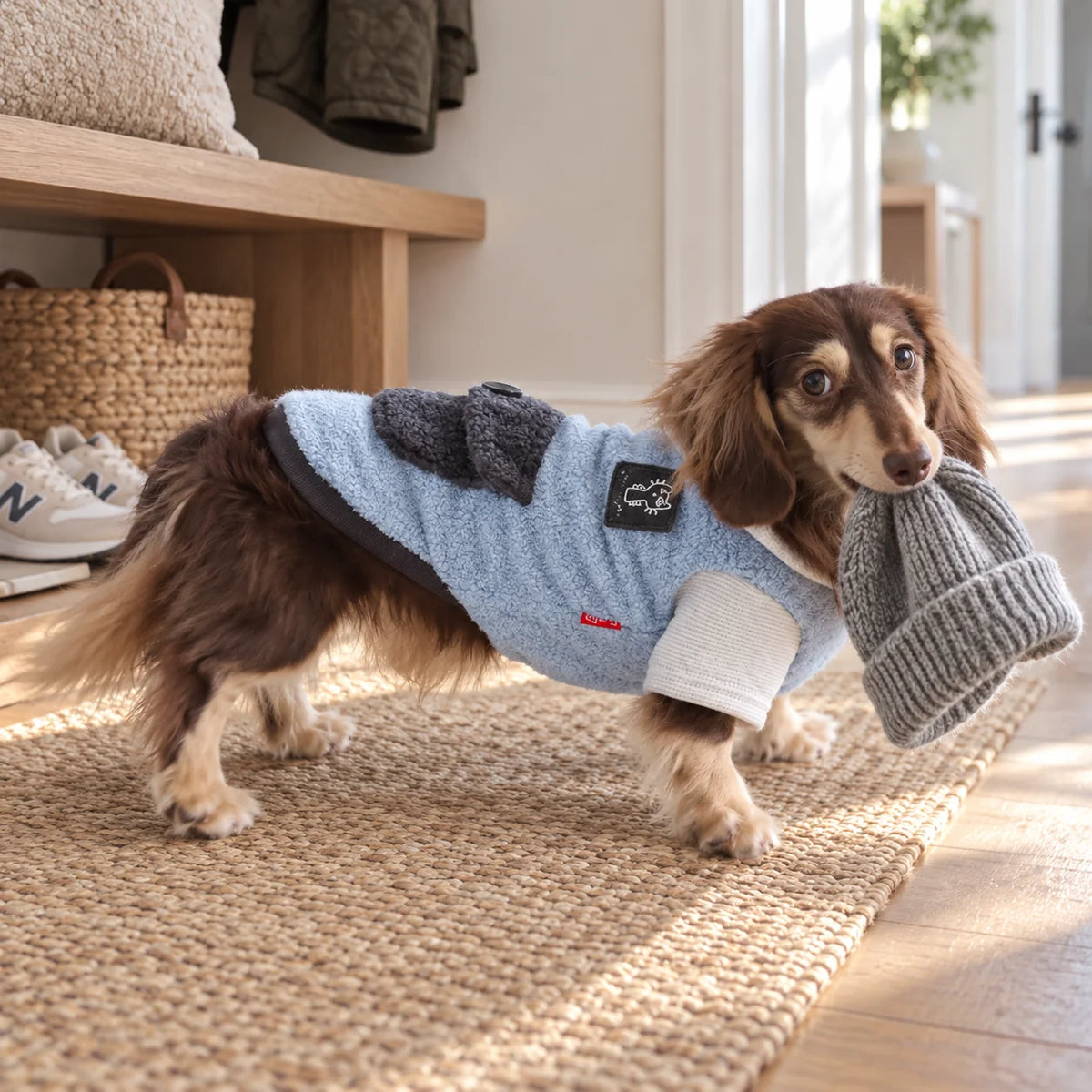 Blue and gray hooded fleece pet coat on a dachshund in a modern American entryway