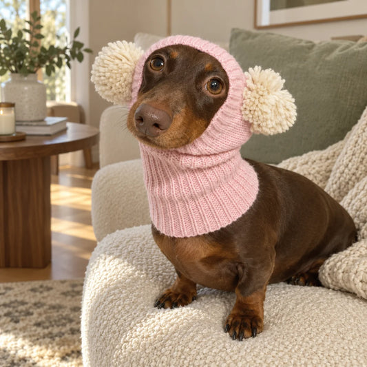 Chocolate dachshund wearing a light pink pom-pom knit pet snood in a modern American living room