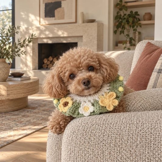 Toy poodle wearing a sage green floral crochet pet collar