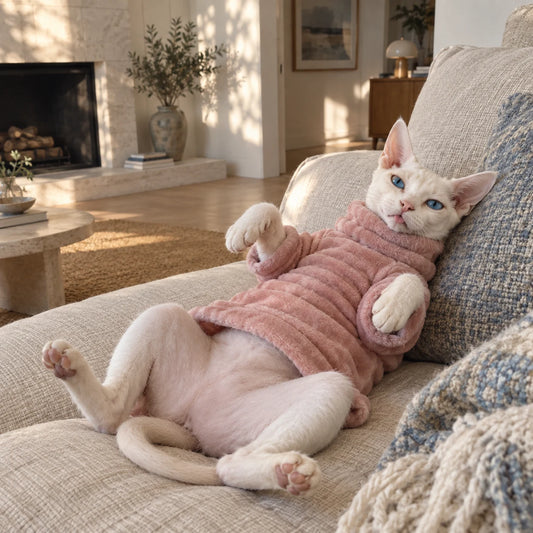 Sphynx cat relaxing belly-up in a blush pink plush outfit