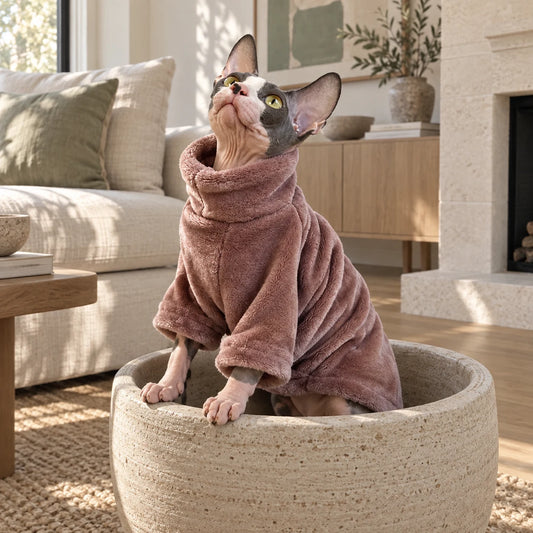 Sphynx cat sitting in a planter wearing a dusty mauve velvet turtleneck