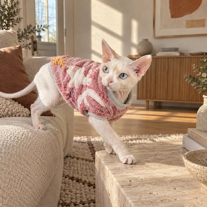 Sphynx cat stepping onto a table in a pink sherpa vest