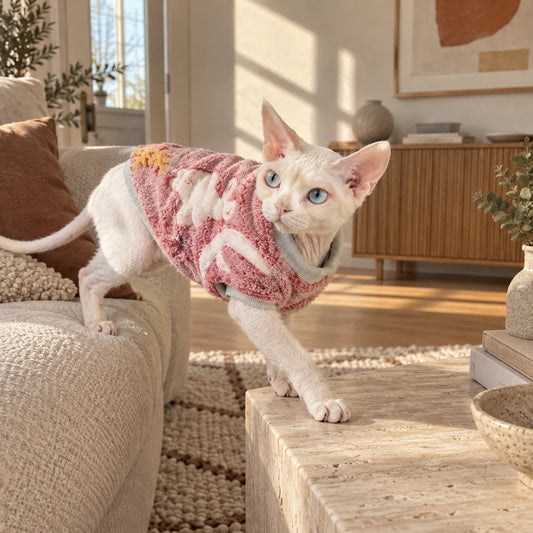 Sphynx cat stepping onto a table in a pink sherpa vest