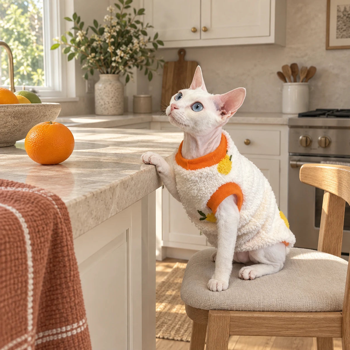 Sphynx cat watching an orange in an ivory fruit-pattern sherpa vest