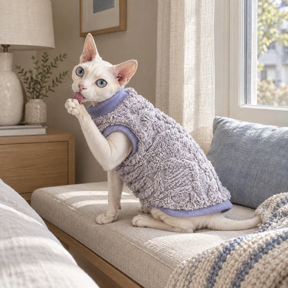 Sphynx cat grooming in a lavender jacquard plush vest