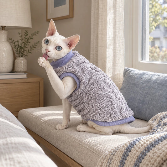 Sphynx cat grooming in a lavender jacquard plush vest