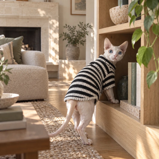 Sphynx cat exploring a bookshelf in a black and cream striped sweater