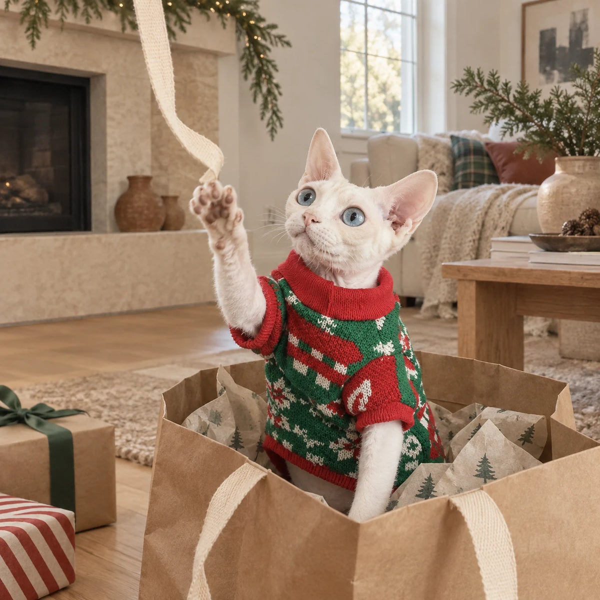 Sphynx cat playing in a gift bag wearing a Christmas sweater