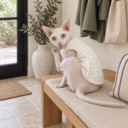 Sphynx cat interrupted while grooming in a white quilted cotton vest