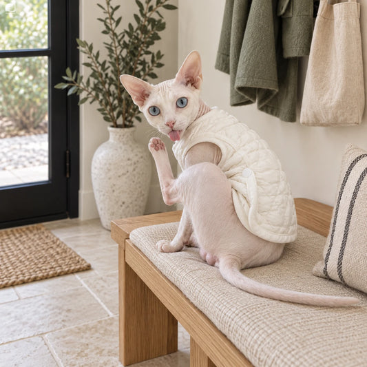 Sphynx cat interrupted while grooming in a white quilted cotton vest