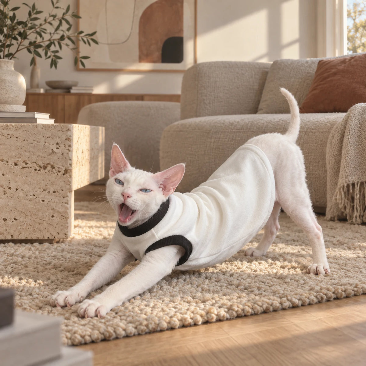 Sphynx cat stretching in a white and black two-leg outfit