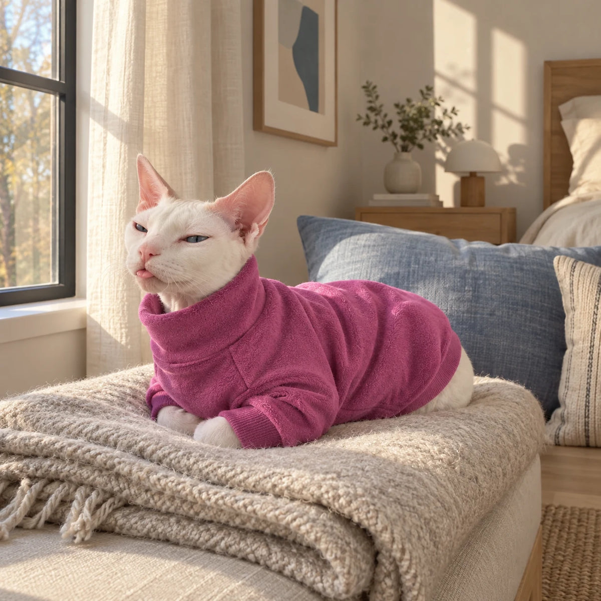 Sleepy Sphynx cat in a magenta stretch turtleneck sweater