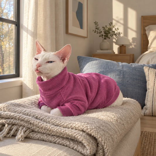 Sleepy Sphynx cat in a magenta stretch turtleneck sweater