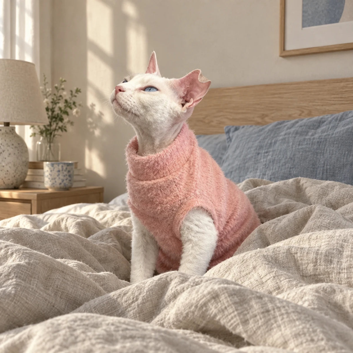 Sphynx cat waking up in a dusty pink plush vest
