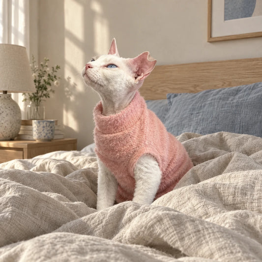 Sphynx cat waking up in a dusty pink plush vest