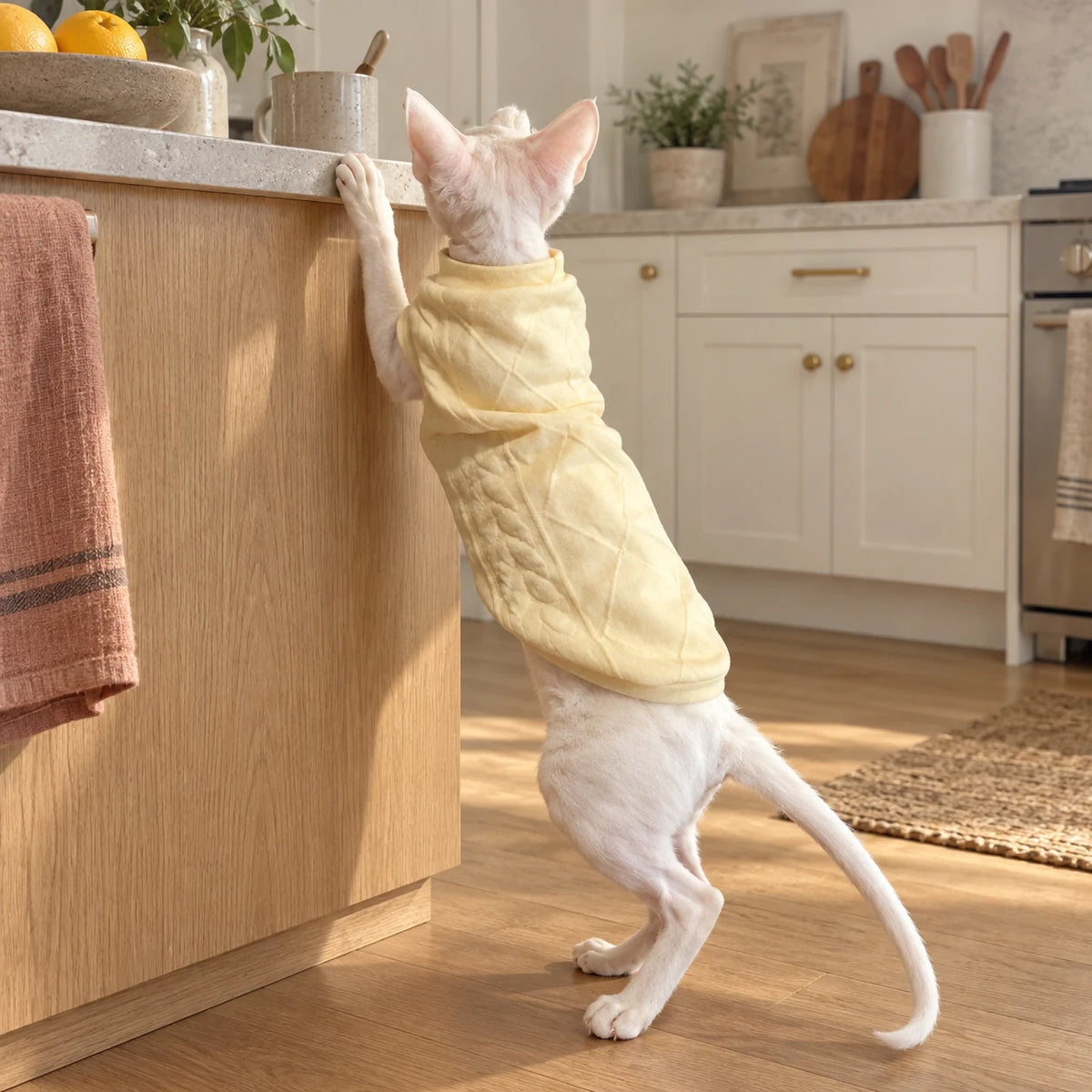 Sphynx cat reaching up in a pale yellow quilted vest