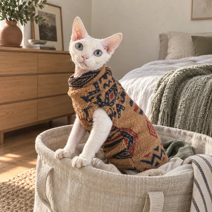 Sphynx cat in printed polar fleece sitting in a laundry basket