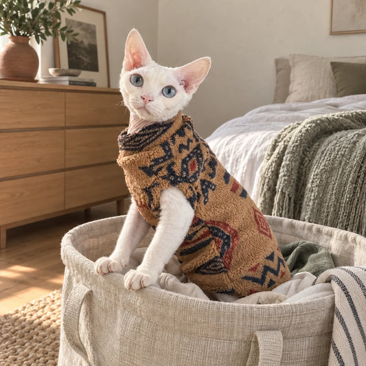 Sphynx cat in printed polar fleece sitting in a laundry basket