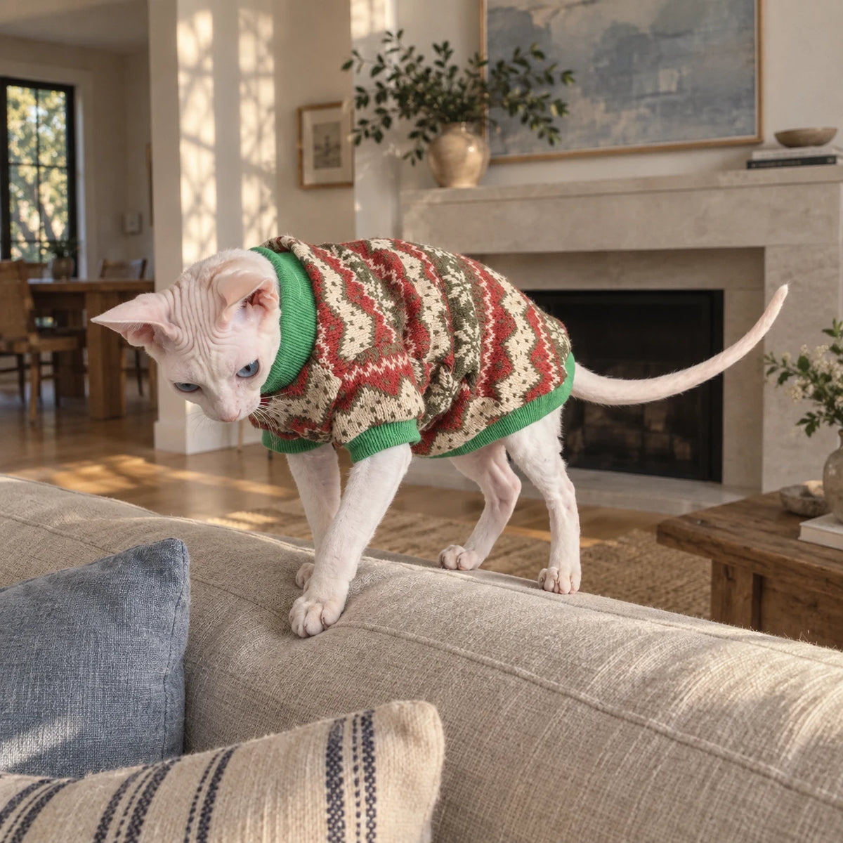 Sphynx cat balancing on a sofa in a retro maple knit sweater