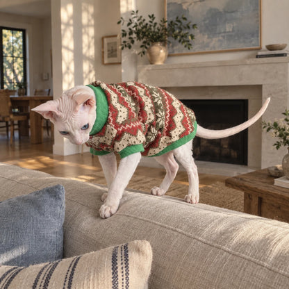 Sphynx cat balancing on a sofa in a retro maple knit sweater