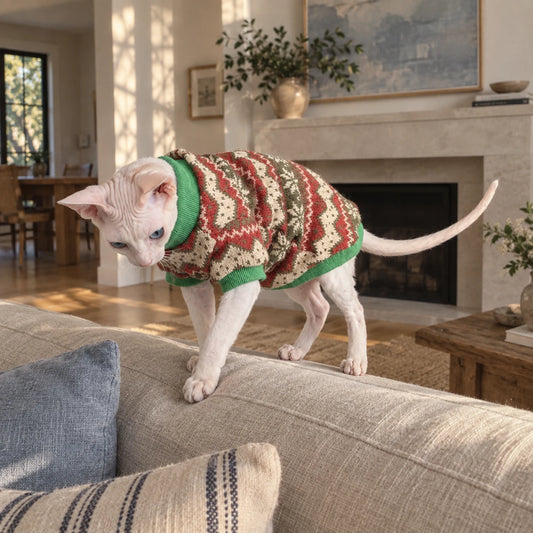Sphynx cat balancing on a sofa in a retro maple knit sweater