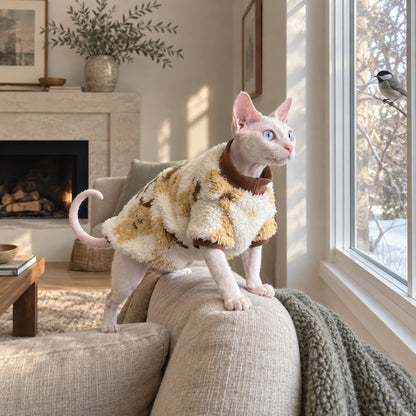 Sphynx cat watching a bird in a cream and mustard plush coat