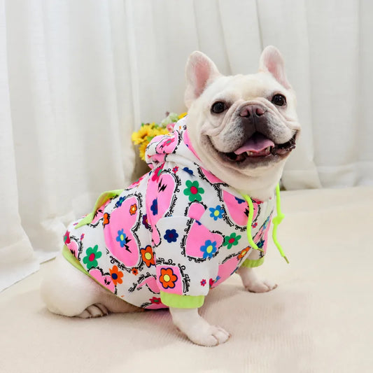 Heart Print Dog Hoodie — Pink & Lime