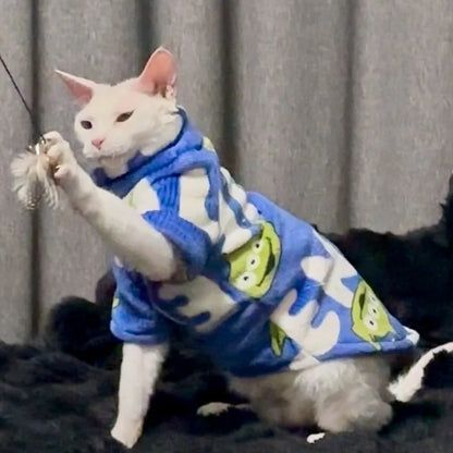 Printed Fleece Cat Pullover — Blue Letters