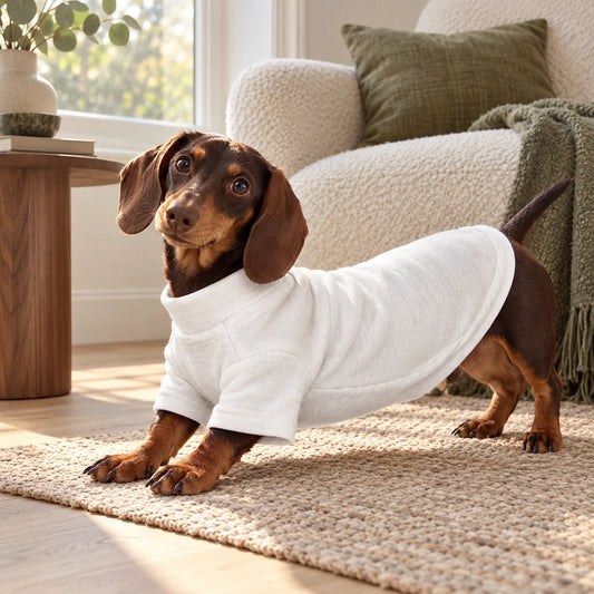 Dachshund wearing a plain white turtleneck sweater in a modern American reading nook