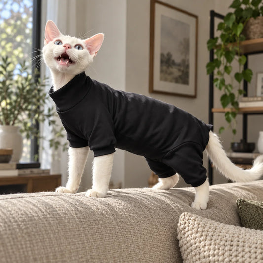 White cat wearing a black four-leg onesie in a modern American living room
