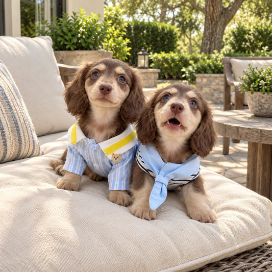 Two dachshund puppies wearing blue sailor shirt and vest options on an American patio