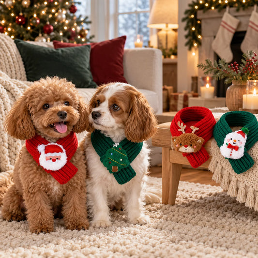 Two small dogs wearing Christmas knit scarves with two additional scarf designs on a bench